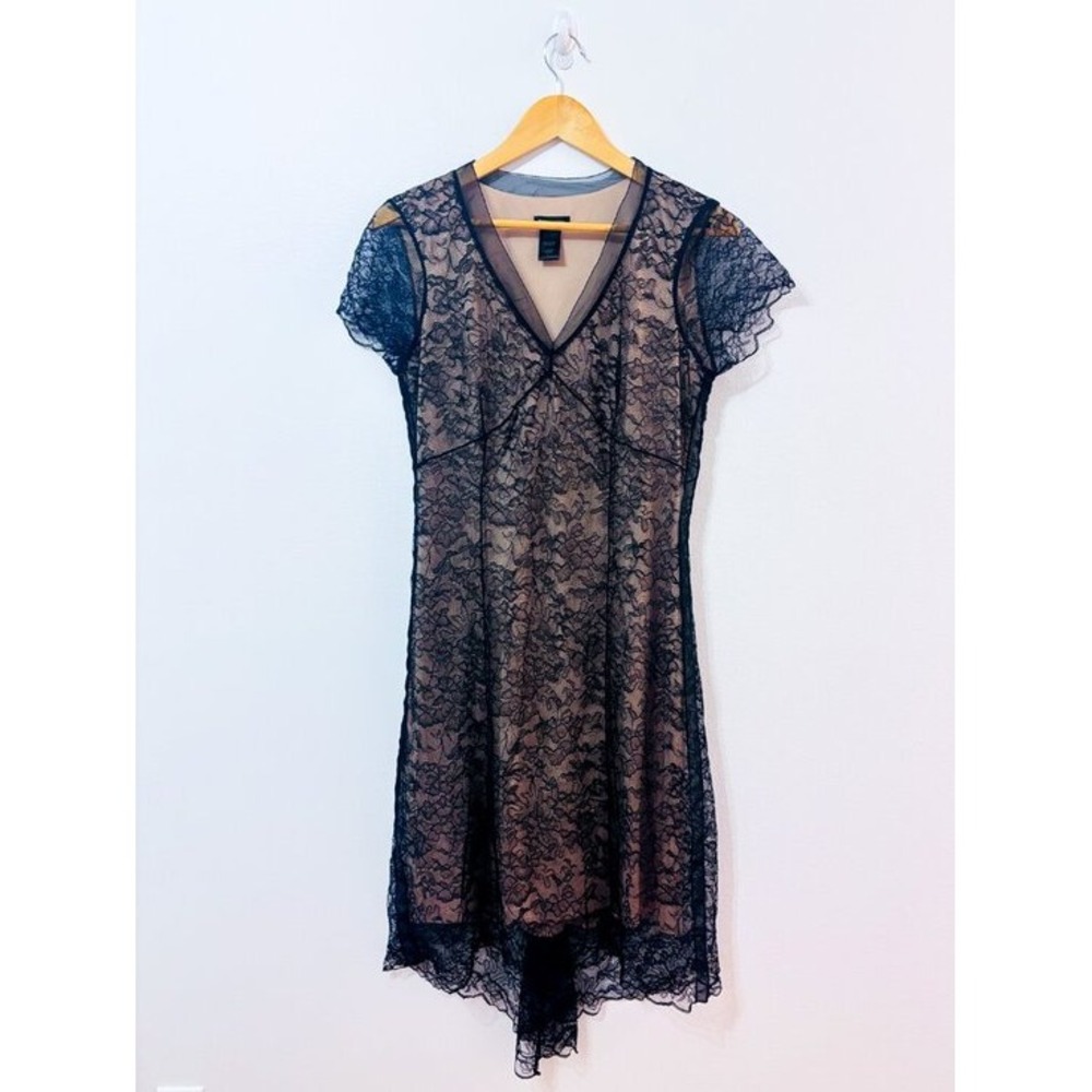 BCBGMAXAZRIA Black Lace V-Neck Handkerchief Hem Cocktail Dress Large